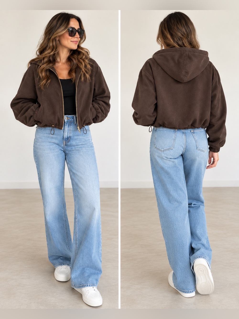 Zara Brown Cropped Hooded Jacket Gold Zip NWT Size M